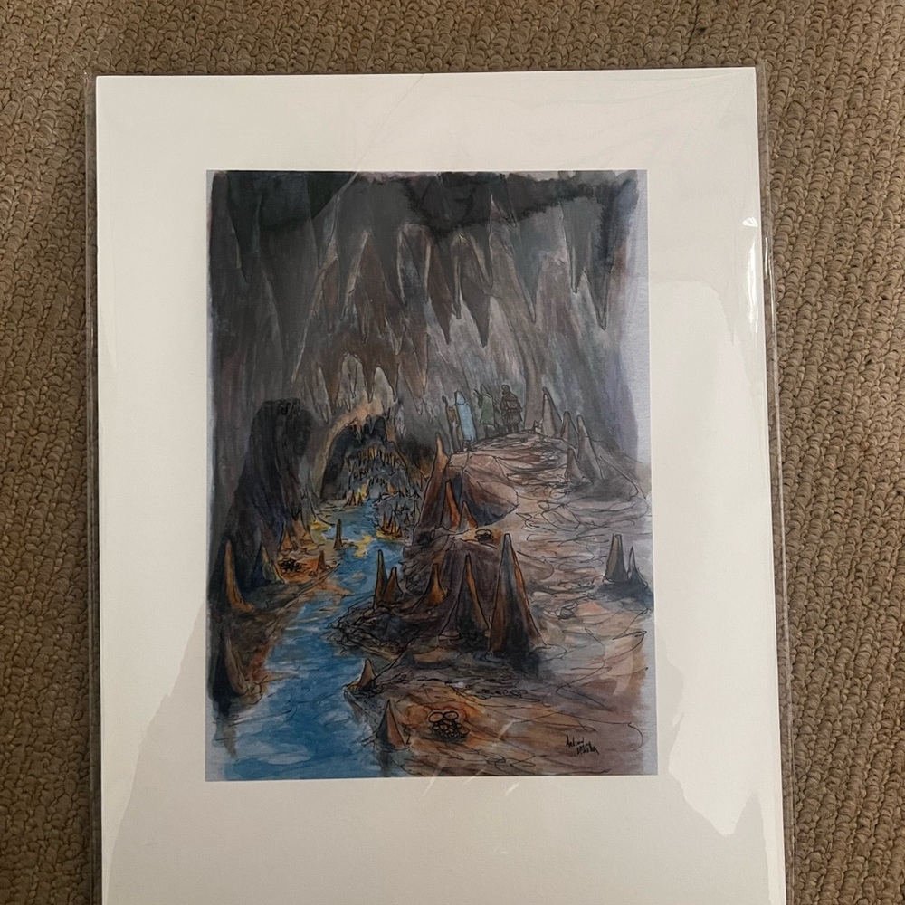 Signed Cave Landscape Art Print in Blue and Brown